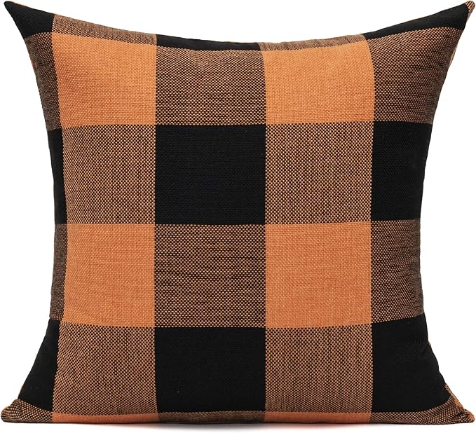 VAKADO 20x20 Set of 2 Halloween Orange and Black Buffalo Plaids Decorative Throw Pillow Covers Fall Farmhouse Classic Retro Rustic Square Cushion Cases Home Decor for Sofa Couch Patio Outdoor
