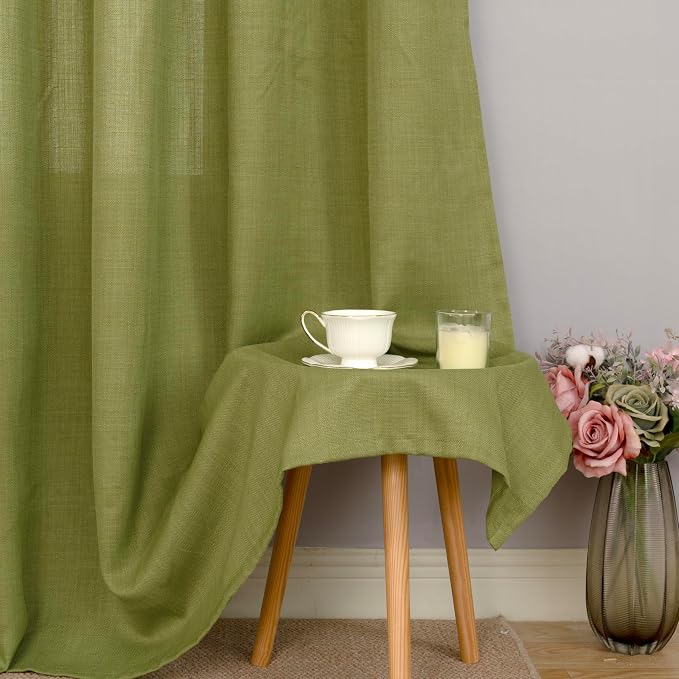 Light Filtering Moss Green Linen Curtains for Living Room 2 Panels | Linen Textured, Privacy Drapes, Spring Decor, Semi Sheer, Neutral Window Panels for Farmhouse, Bedroom, Grommet, 38 x 84 Inch