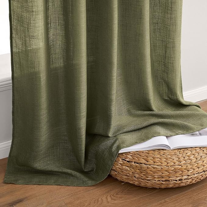 MIULEE Light Olive Green Linen Curtains 52x108 Inch 2 Panels for Bedroom | Living Room, Soft Linen Textured Natural Window Drapes, Semi Sheer Light Filtering, Back Tab Rod Pocket, Burlap Look Decor