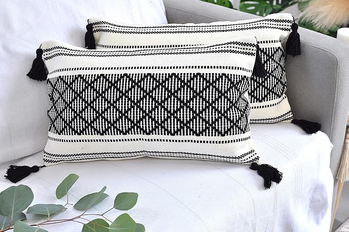 Boho Decorative Lumbar Pillow Covers with Tassels Black and White 12x20 inch -Set of 2 / Small Rectangle Cushion Covers for Couch Sofa/Farmhouse Woven Pillow Cases/Accent Cushion Covers