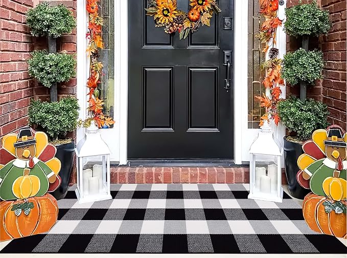 Buffalo Plaid Front Porch Rug 24''x 51''Black and White Checkered Outdoor Rug Cotton Machine Washable Farmhouse Mat for Outdoor, Kitchen, Farmhouse, Entryway,Bathroom