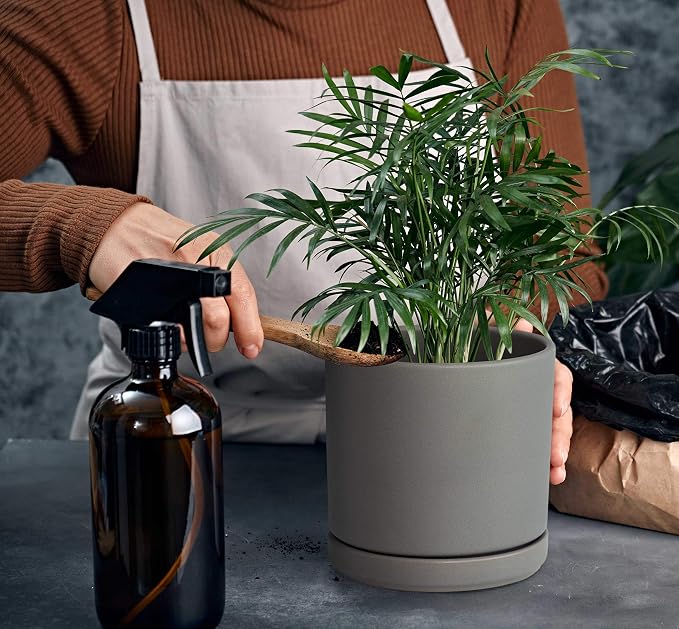 D'vine Dev 8 Inch Ceramic Planter Pot, Grey, 94-O-D-3 | Modern Cylinder Design, Drainage Hole & Saucer Included, Stable Structure, Elegant Home Accent