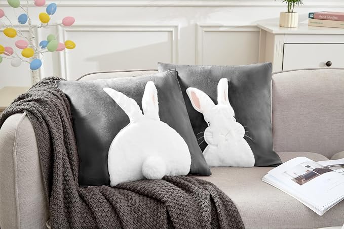 Pack of 2 Spring Easter Pillow Covers 18x18 Inch,3D Embroidered Bunny Rabbit Pillowcase Throw Covers Velvet Easter Decorative Cushion Cover (Gray-2PCS)