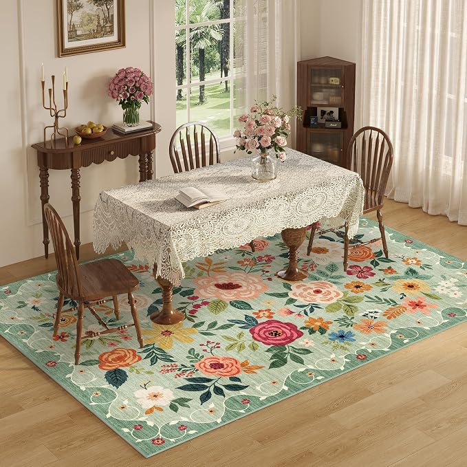 DUKINO 6x9 Area Rugs, Floral Washable Rug for Bedroom Non Slip, Green | Soft, Low Pile, Large Indoor Rug for Living Room, Dining Room, Kids Room, Office, Pet Friendly, Home Decor, Stain Resistant