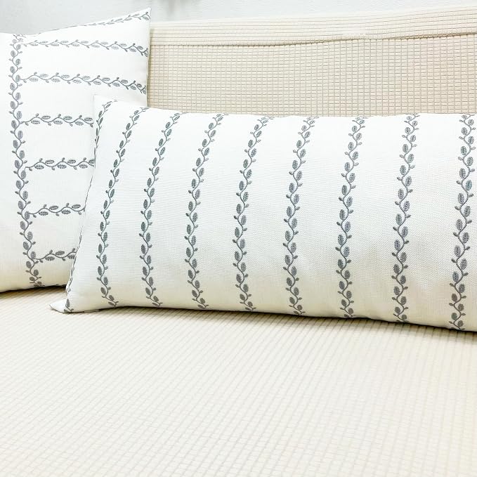 Slow Cow Linen Embroidery Rectangular Throw Pillow Cover Stripe Lumbar Cushion Cover for Couch Sofa 12 x 33 Inches Grey