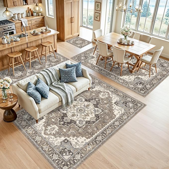 RUUGME Washable 8x12 Area Rug: Large Boho Soft Rugs for Living Room Bedroom Vintage Non-Slip Low Pile Stain Resistant Carpet for Dining Room Office Nursery Home Floor Decoration (Beige,8x12)