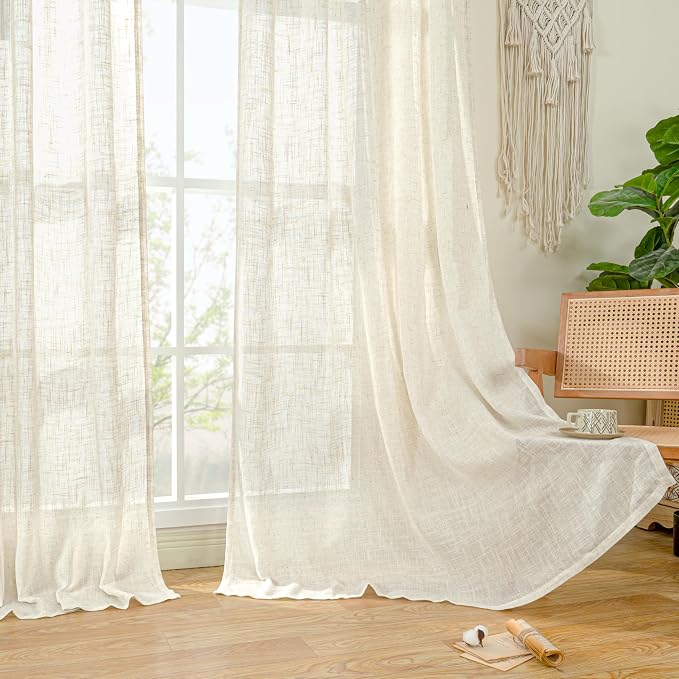 Natural Linen Blended Curtains for Living Room 120 Inch Semi Sheer | Light Filtering, Country Rustic, Curtains for Bedroom, Farmhouse, Rod Pocket Back Tab, 2 Panels,52 x 120 Inch, Natural Ivory