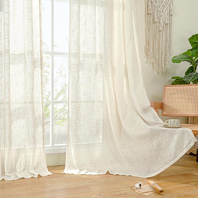 Semi Sheer Linen Window Curtains for Bedroom Living Room 52x63 Inch | Light Filtering Panels, Neutral, Faux Linen Textured, Farmhouse, Small Window, Rod Pocket Back Tab, Cream Ivory, 2 Panels