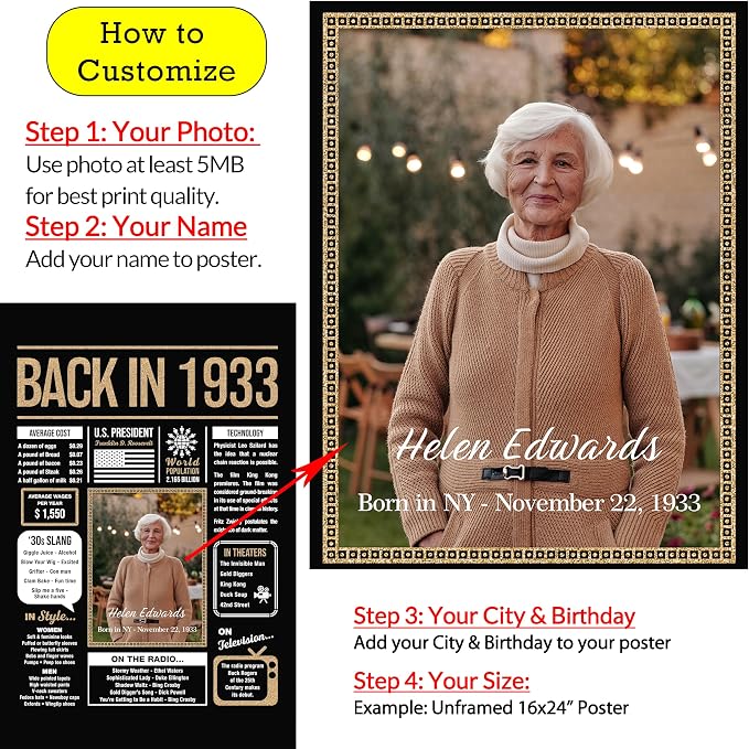Personalized 92nd Birthday Party Decorations Men, Women, Him, Her - Custom Gifts Idea For 92 Years Old, Back In The Year You Born Newspaper For 92nd Birthday Poster No Frame Black Gold