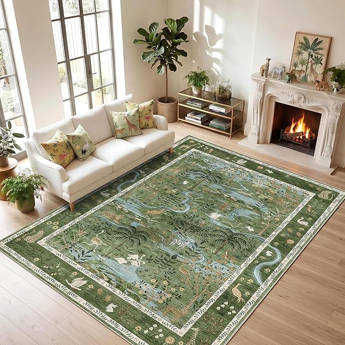 Jungle Animal Print 3x5 Washable Rug for Girls Bedroom Non Slip Green Bohemian Whimsical Small Throw Carpet Low Pile Forest Fairy Tale Area Rugs for Living Room Nursery Bedroon, Green