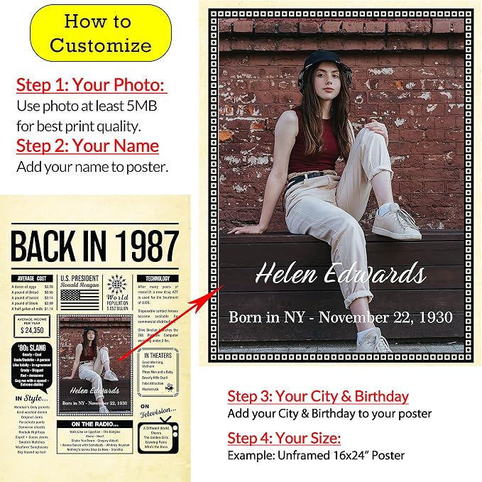 Personalized 38 year old birthday gifts - Back in 1987 Poster - Centerpiece Table Decorations 38th Birthday Party - Custom Born in 1987 Newspaper Vintage Poster for Men, Women, Him, Her
