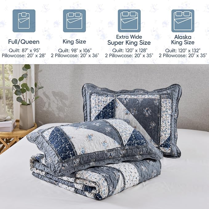Oversized King Size Quilt Set 128x120 Grey Floral Patchwork Bedspreads Set | 3-Piece Extra Wide Super King Size Bedding Set Rversible Quilted Coverlet Lightweight Comforter Bed Cover with 2 Pillowcases