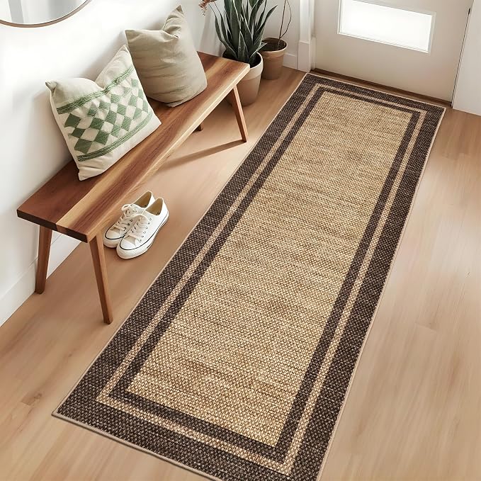 COZYLOOM 2x6 Bathroom Rug Runner Machine Washable Area Rugs for Entryway, Non Slip Stain Resistant Bordered Rug Non Shedding Low Pile Carpet Foldable Thin Soft Mats for Bedroom, Hallway, Brown
