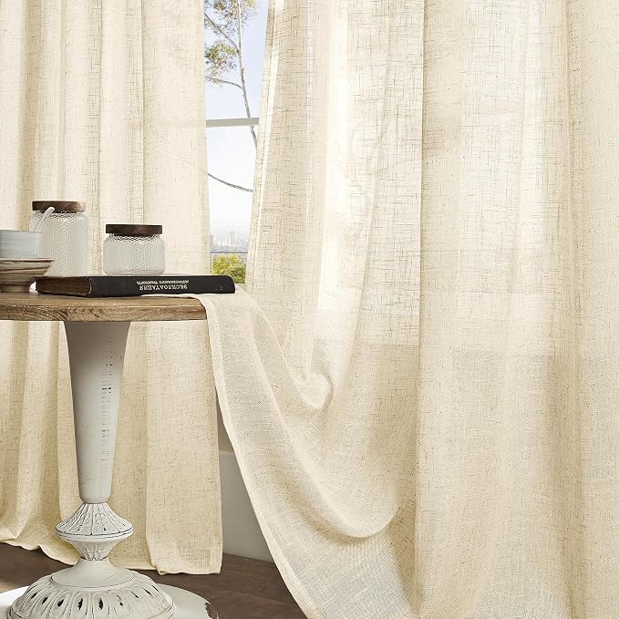 Beige Linen Sheer Curtains 84 Inch Length for Living Room 2 Panels | Light Filtering, Boho, Bedroom Window Curtains, Neutral Thick Drapes for Farmhouse, Bronze Grommet Panels, 52 X 84 Inch