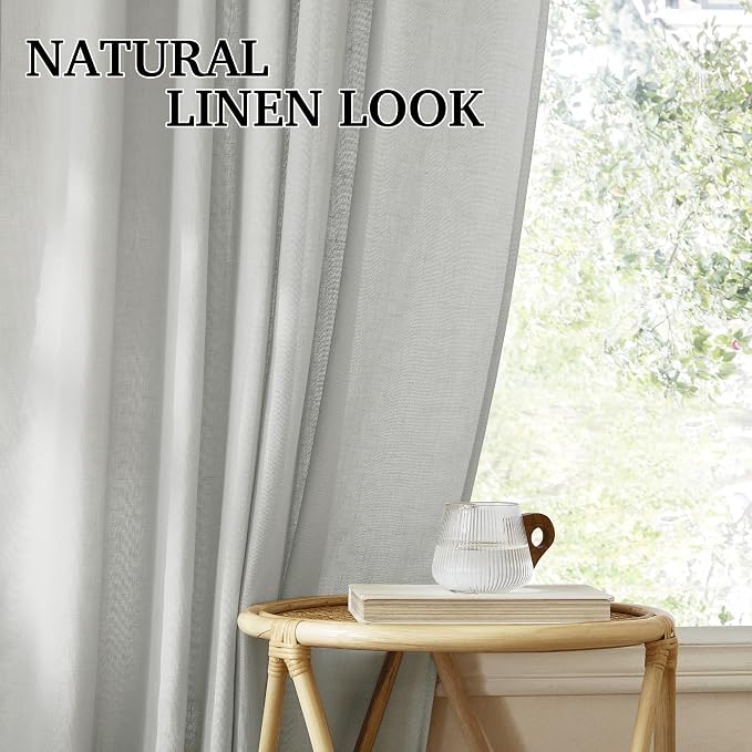 RYB HOME Sheer Curtains 108 inches, Extra Long Floor to Ceiling Curtains | Light Filtering Privacy, Faux Linen Fabric, Living Room Bedroom Sliding Glass Door, Back Tab, W52 x L108, 2 Panels, Grey