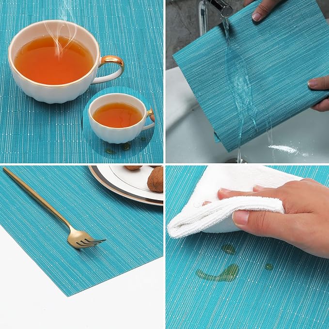 SHACOS Indoor Outdoor Placemats Set of 8 Woven Vinyl Place Mats for Dining Table Wipeable Heat Resistant Washable Kitchen Patio Table Mats (8, Teal Blue)