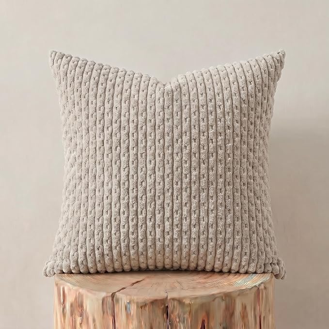 Fancy Homi Set of 2 Neutral Taupe Decorative Throw Pillow Covers 18x18 Inch for Couch Bed Sofa Bedroom, Modern Farmhouse Boho Home Decor, Soft Fluffy Textured Corduroy Cute Cushion Case 45x45 cm
