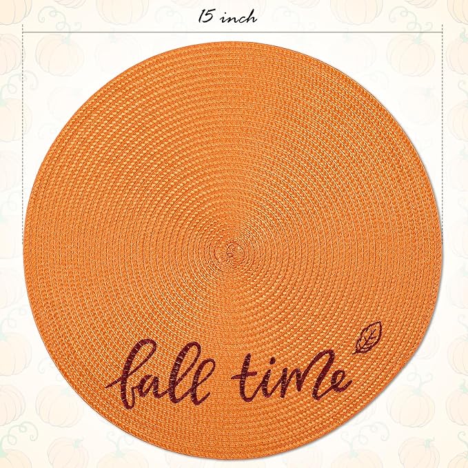 FunWheat Round Placemats Set of 6 Table Mats for Thanksgiving Tables Washable Non-Slip Place mats 15 Inch for Fall(Orange Fall,6pcs)