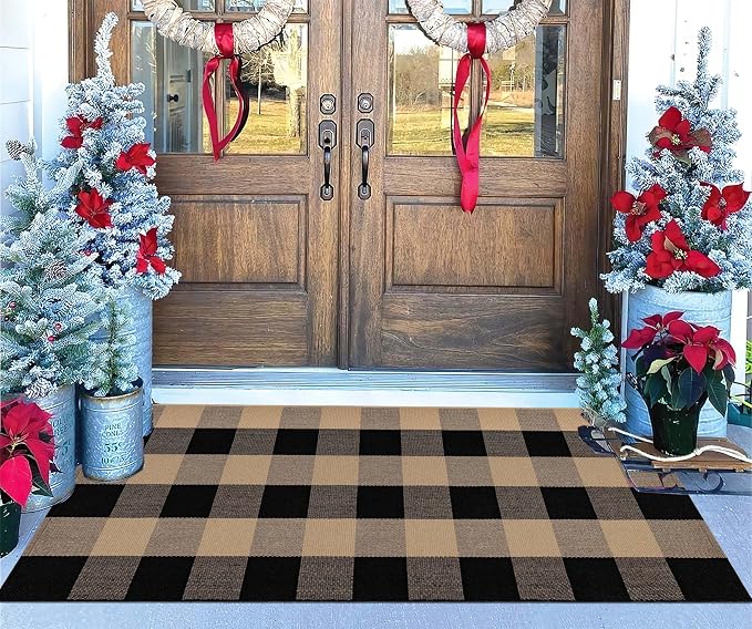 Front Porch Rug 24''x51'' Black and Tan Checkered Outdoor Rug Cotton Washable Front Door Mat Outdoor for Layered Doormat,Bedroom,Farmhouse,Entryway,Patio