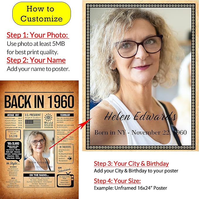 Back in 1960 Poster Sign, Personalized Birthday Gifts Idea, Custom 1960 Historical Birthday Newspaper, Born in 1960 Birthday Party Decorations, Fun Fact for the Day You Were Born, Decor Art Print
