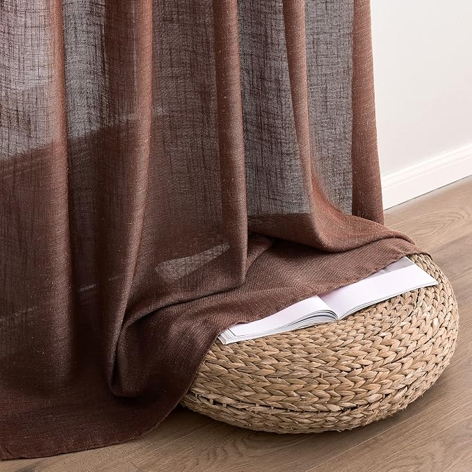 MIULEE Chocolate Brown Linen Curtains 52x54 Inch Long 2 Panels for Bedroom | Living Room, Soft Thick Linen Textured Natural Short Window Drapes, Semi Sheer Light Filtering, Back Tab, Rod Pocket