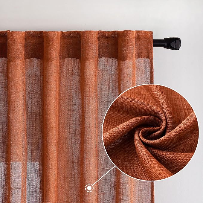 MIULEE Rust Fall Linen Curtains 52x90 Inch 2 Panels for Bedroom Living Room | Terracotta Soft Thick Linen Textured Window Drapes, Semi Sheer Light Filtering, Back Tab Rod Pocket, Burlap Look Fall Decor