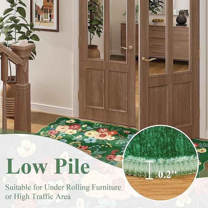 DUKINO 2x8 Washable Runner Rug, Floral Non Slip Kitchen Rugs, Dark Green | Low Pile, Soft Throw Rug Runner for Hallway, Entryway, Bedroom, Bathroom, Pet Friendly, Stain Resistant, Home Decor