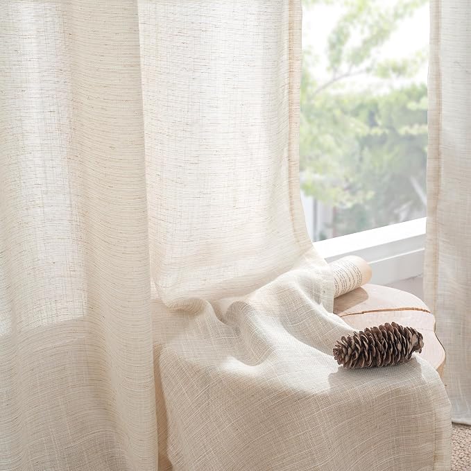 BGment Oatmeal Linen Curtains 48 Inches Long for Short Living Room - Semi Sheer Light Filtering Window Drapes with Rod Pocket Textured Lightweight for Dining Bedroom, 2 Panels Set, Each 42 Inch Wide