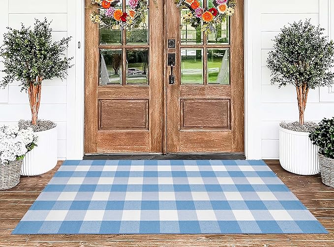 3'x5' Outdoor Rug,Light Blue and White Buffalo Checkered Porch Mat Farmhouse Washable Front Door Mat Outdoor for Hello Welcome Mat,Bedroom,Entryway,Patio