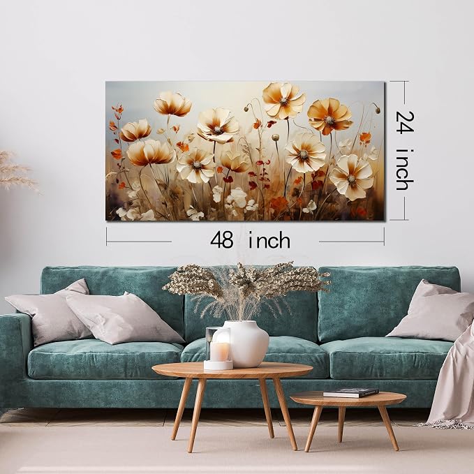 DNIEOTU Flower Canvas Wall Art for Living Room, Floral Wall-Decor for Bedroom, Beige and Brown Picture Prints for Hallway Office, Size 47 x 24 Inches