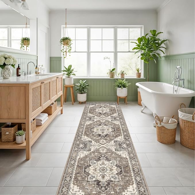 RUUGME Runner Rug 2'6x10 Washable: Non-Slip Boho Runner Rugs for Kitchen Hallway Entryway Soft Low Pile Ultra Thin Carpet Vintage Distressed Home Decor for Bathroom Laundry Room (Beige,2'6''x10')