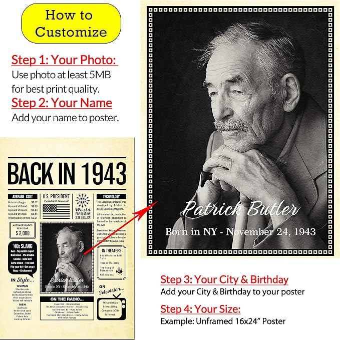 Personalized 82 year old birthday gifts - Back in 1943 Poster - Centerpiece Table Decorations 82nd Birthday Party - Custom Born in 1943 Newspaper Vintage Poster for Men, Women
