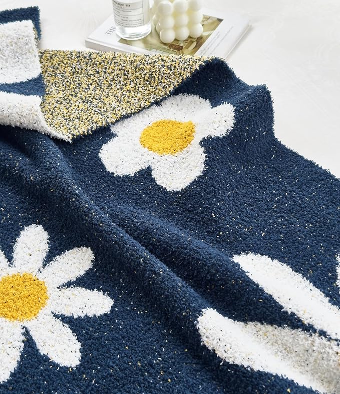 Ultra Soft Cozy Daisy Sunflower Knitted Throw Blanket Fluffy Microfiber Checkerboard Bed Blanket Lightweight Both Sides Blanket for Couch Sofa Bed (Daisy Bule, Baby 30"x40")