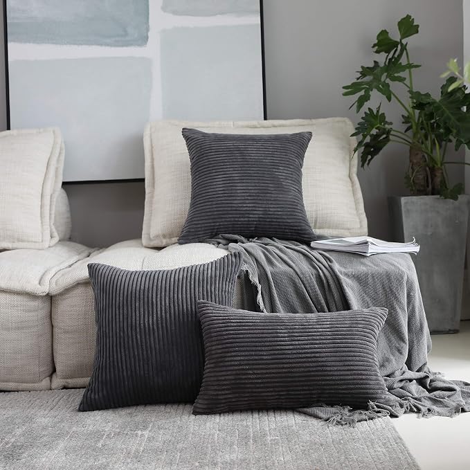 Home Brilliant Set of 2 Soft Striped Velvet Decorative Pillows Covers 16x16 inch, Cushion Covers for Couch 40x40cm, 16 x 16 Inch, Dark Grey