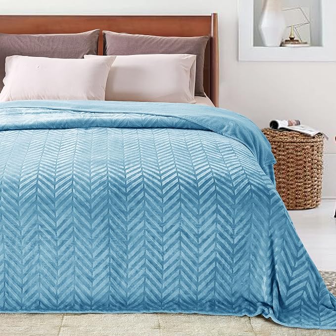 Whale Flotilla Flannel Fleece Bed Blanket Queen Size, Stone Blue | Lightweight Breathable Soft Bedspread, Plush Fluffy Coverlet Chevron Design Decorative Blanket for All Season, 90x90 Inch