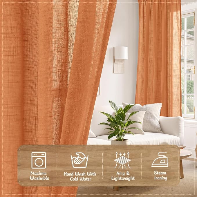 Burnt Orange Sheer Curtains 96 inch Long for Living Room, 2 Panels | Light Filtering Neutral Window Panels, Bedroom Curtains, Faux Linen, Panels for Farmhouse, Back Tab Rod Pocket, 52 x 96 Inch
