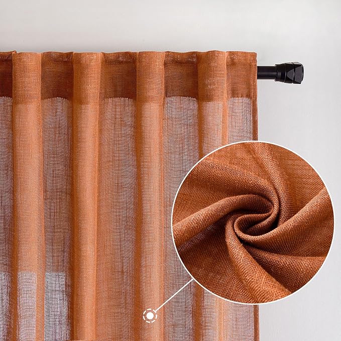 MIULEE Orange Fall Linen Curtains 52x90 Inch 2 Panels for Bedroom | Soft Thick Linen Textured Window Drapes, Semi Sheer Light Filtering, Back Tab Rod Pocket, Burlap Look Fall Boho Decor