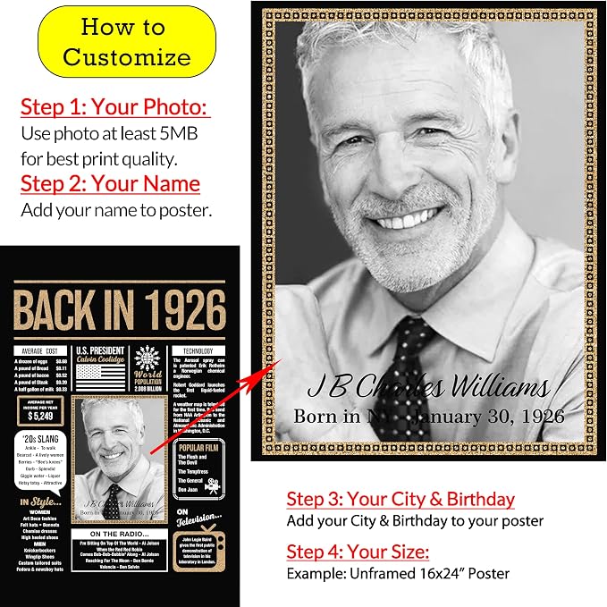 Hexadecor Personalized 99th Birthday Party Decorations Men, Women, Him, Her - Custom Gifts Idea For 99 Years Old, Back In The Year You Born Newspaper For 99th Birthday Poster No Frame Black Gold