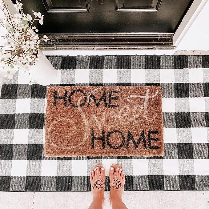 SEEKSEE Buffalo Plaid Outdoor Rug 3' x 5' Black and White Front Door Mat, Layering Rug for Porch, Washable Doormat, Cotton Area Rug for Outdoor Entrance Entryway Patio Porch Decor
