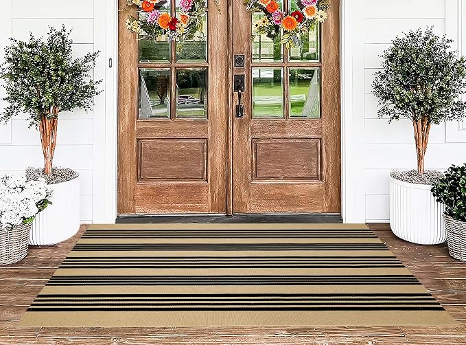 BUAGETUP Outdoor Rug 3'x 5',Khaki and Black Striped Area Rug Cotton Woven Washable Rug Indoor/Outdoor Area Rug Floor Mat for Farmhouse Living Room Bedroom
