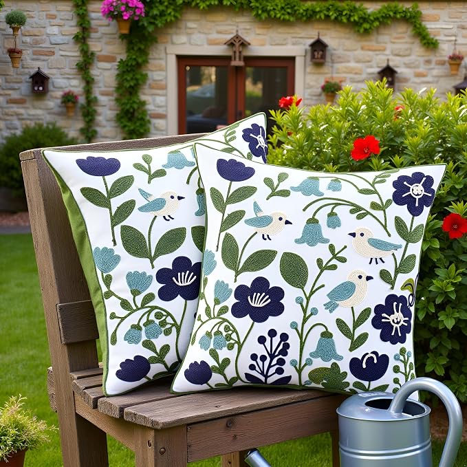 Embroidered Throw Pillow Covers 18x18 Pack of 2 Birds Pillow Covers Green Leaves with Floral Pillowcases Farmhouse Pillow Cushion Cases Square Navy Blue Flower Pillow Case Summer Home Decor