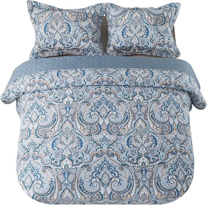 NEWLAKE Cotton Bedspread Quilt Sets-Reversible Patchwork Coverlet Set, European Grey Floral Pattern, King Size