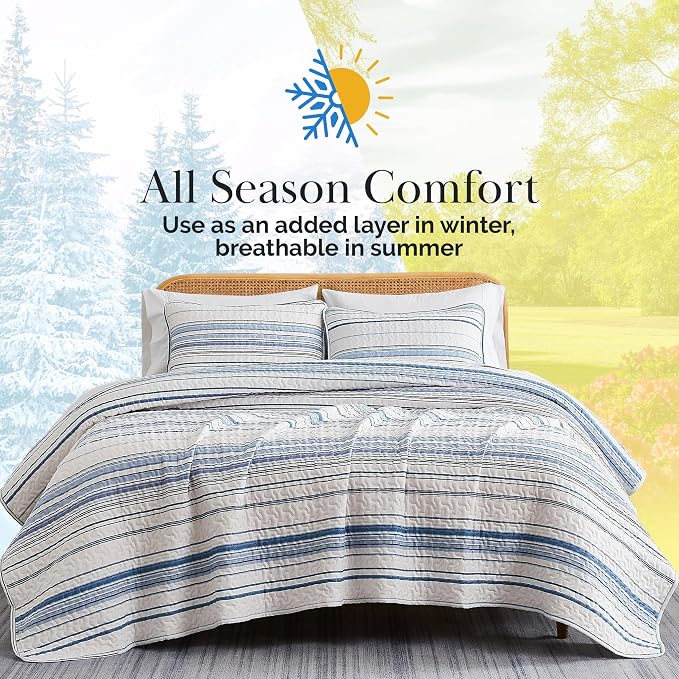 Southshore Fine Living, Inc. Oversized Queen Quilt Set, Striped Blue/White Quilt Bedspread Queen/Full, 3-Piece Coastal Bedding Set with Lightweight Coverlet and Matching Quilted Shams, Blue Stripes