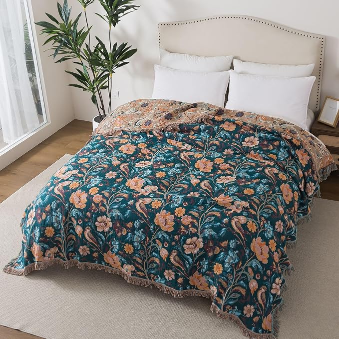 Phuryllic Boho Throw Blanket Twin Size, Soft Cozy Cotton Muslin Quilt Blanket for Bed Decor, Floral Patterned Couch Sofa Chair Cover, Vintage Farmhouse Cottage Tapestry Woven Blanket, Teal&Taupe
