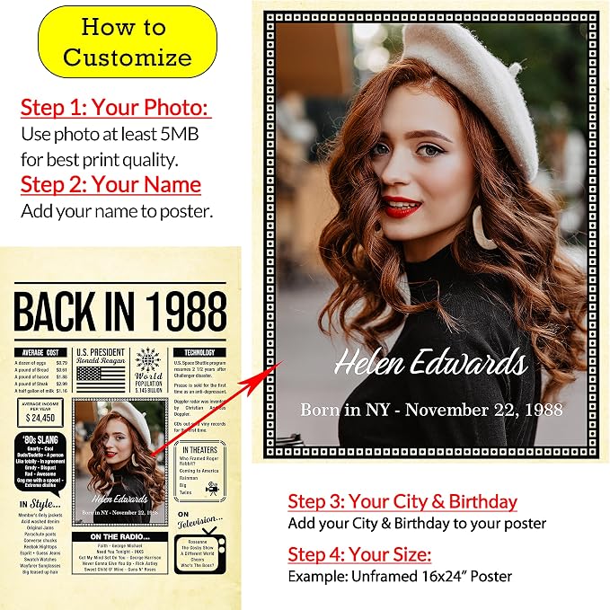 Personalized 37 year old birthday gifts - Back in 1988 Poster - Centerpiece Table Decorations 37th Birthday Party - Custom Born in 1988 Newspaper Vintage Poster for Men, Women, Him, Her