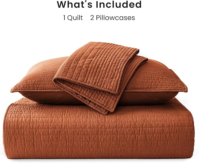 Love's cabin Queen Size Cotton Quilt Set, 100% Cotton Fabric Striped Textured Coverlet with Crinkled Look, Lightweight Quilted Bedspread for All Season, Includes 2 Pillow Shams, Umber