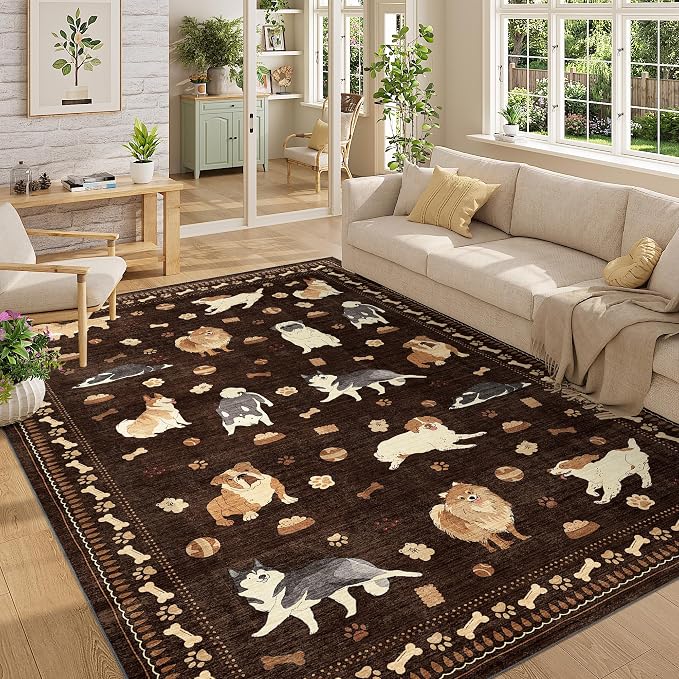 DUKINO 6x9 Washable Dog Area Rug for Living Room Non Slip, Brown | Non-Shedding, Stain Resistant, Soft Animal Carpet for Bedroom Kids Playroom Nursery Dining Room Farmhouse, Pet & Kid Friendly