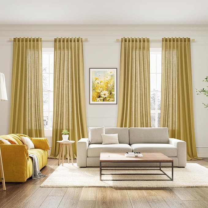 Gold Linen Curtains 84 Inch Length 2 Panels Set for Living Room Rod Pocket Back Tab Light Filtering Window Drapes for Bedroom Dining Room Protect Privacy Modern Farmhouse Decor 52x84