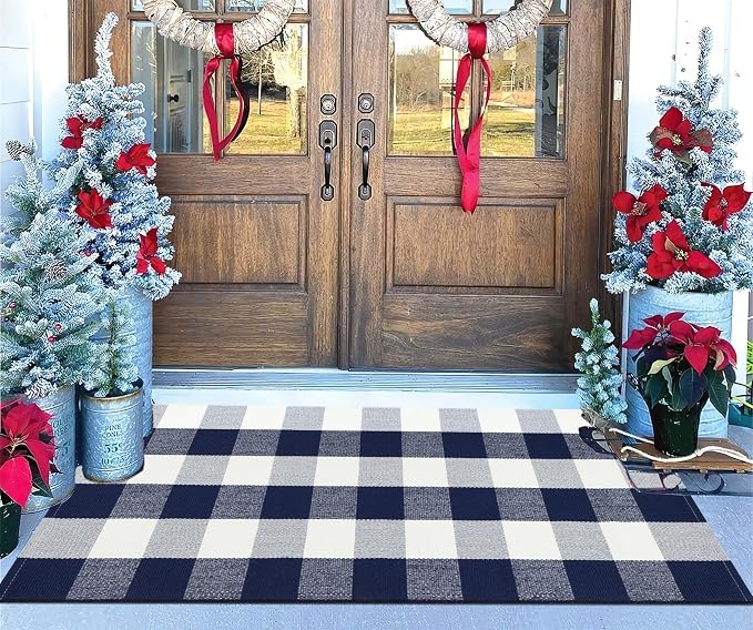 Blue and White Outdoor Rug 24''x 51''Buffalo Plaid Checkered Front Porch Rug Woven Machine Washable Farmhouse Door Mats Outdoor for Hello/Welcome Mat,Entryway,Bedroom,Patio