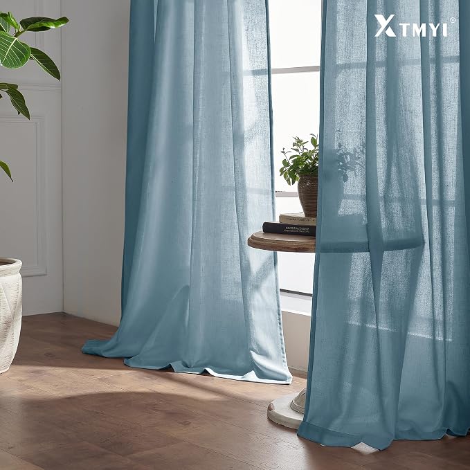 XTMYI Dusty Blue Curtains 63 Inches Long for Bedroom,Light Filtering Country Vintage Hooks Pleated Back Tab Semi Sheer Linen Curtains for Living Room 2 Panels Set,Grey Stone Blue